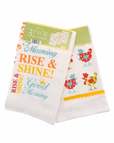 Country Club Wakey Wakey Graphic Velour Tea Towels, 3 Pack, Multicolour