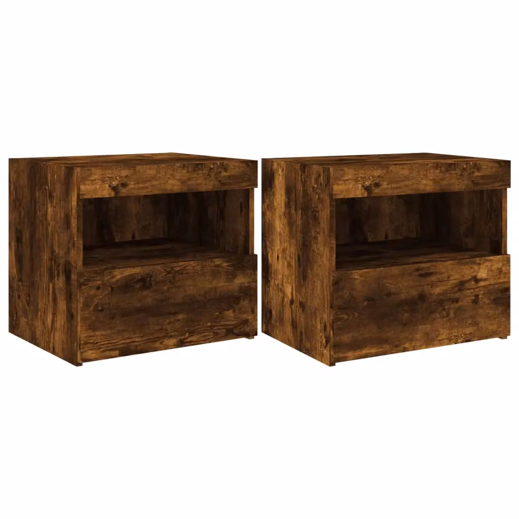 Berkfield Home Set of 2 Modern Smoked Oak Bedside Cabinets with Integrated LED Lighting, Brown, W: 50 cm, D: 40 cm, H: 45 cm – 2