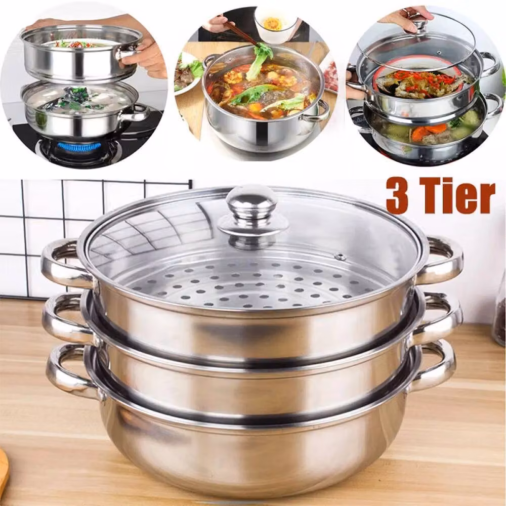 SPETLEK 3 Tier Stainless Steel Steamer Pan with Glass Lid, Silver, Diameter: 28 cm – 4