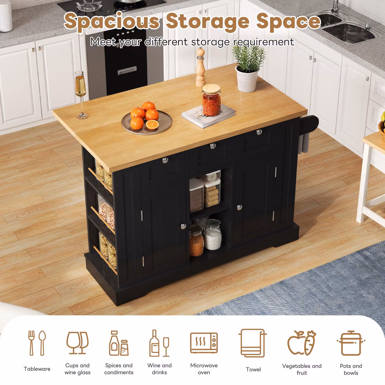 Aosom UK Versatile Kitchen Island Trolley with 3 Drawers, 2-Door Cupboards and Extendable Worktop, Natural and Black, W: 132 cm, D: 70 cm, H: 87 cm – 5