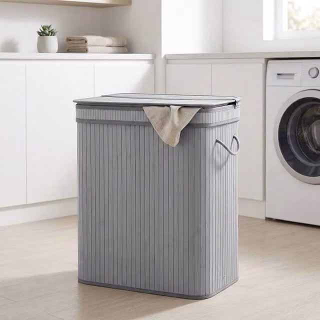 STILVORA 100L Foldable Laundry Basket with Bamboo Flip Lid, Grey