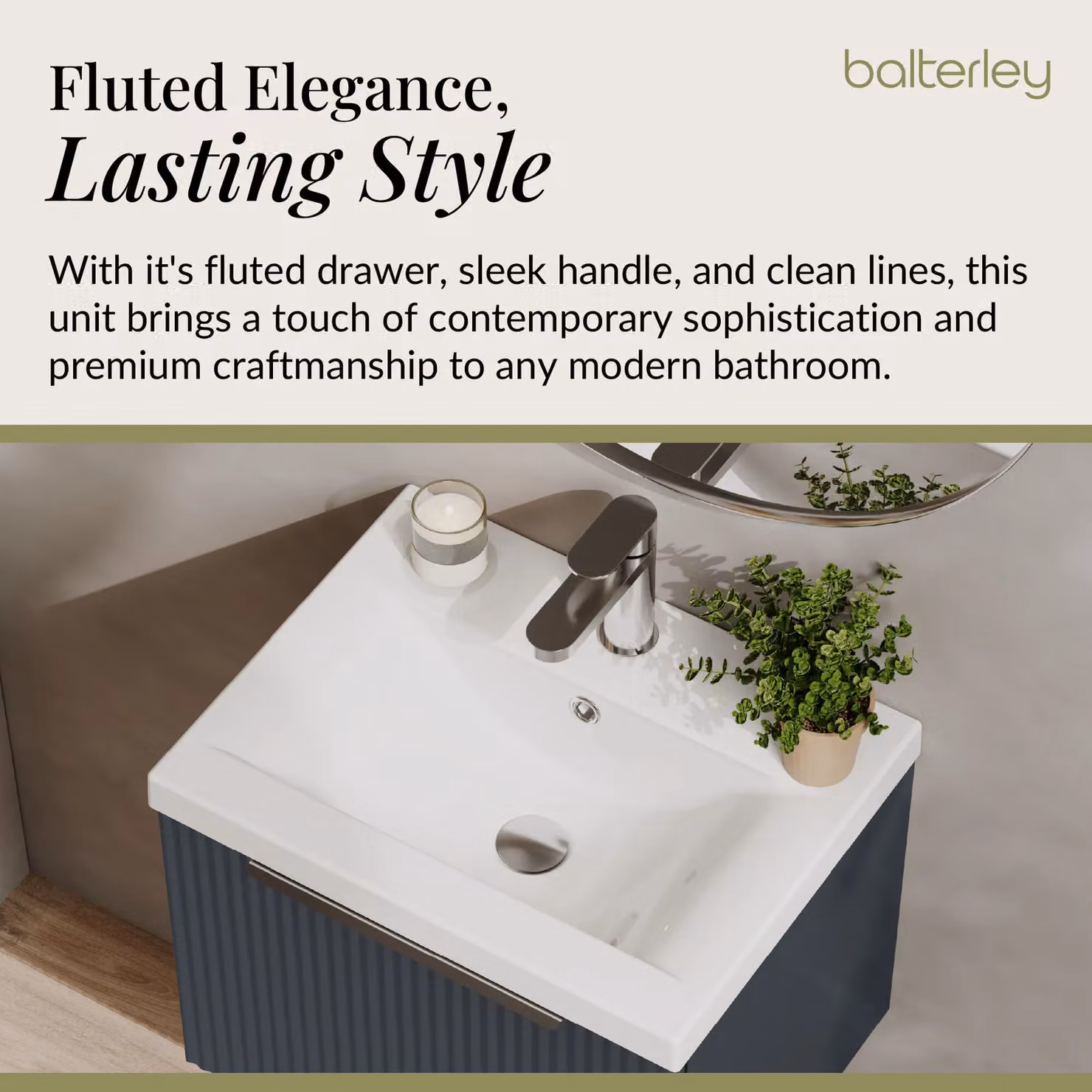 Balterley Fluted Wall Hung 1 Drawer Vanity Basin Unit and Basin, Dark Grey, Width: 500 mm – 3