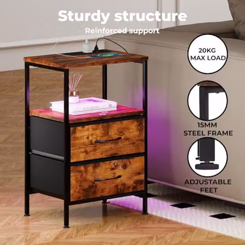 Levede Industrial Bedside Table in Brown with LED Lights, Charging Station, and 2 Fabric Storage Drawers, W/D/H: 30 x 40 x 60 cm – 3