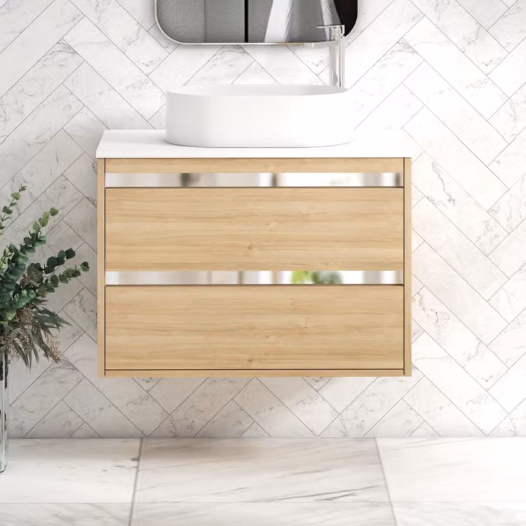 Royal Bathrooms Orion 800mm Natural Oak Wall Hung Vanity Unit with Plain White Countertop, 2 Drawers and Peak Basin with Chrome Accent Trim