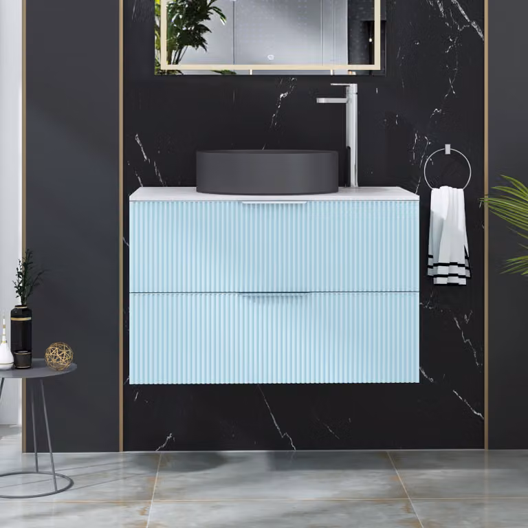 Royal Bathrooms Evora 800mm Powder Blue Fluted Wall Hung Countertop Vanity Unit with 2 Drawers and Art Round Basin