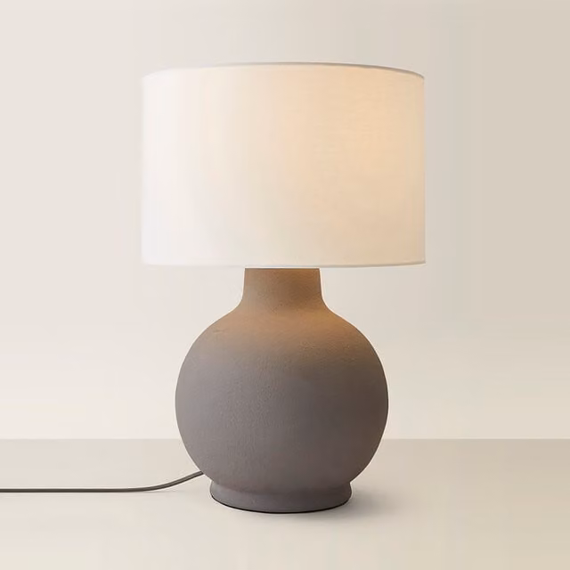 Blair Large Round Ceramic Table Lamp with Fabric Drum Lampshade in Grey and Beige