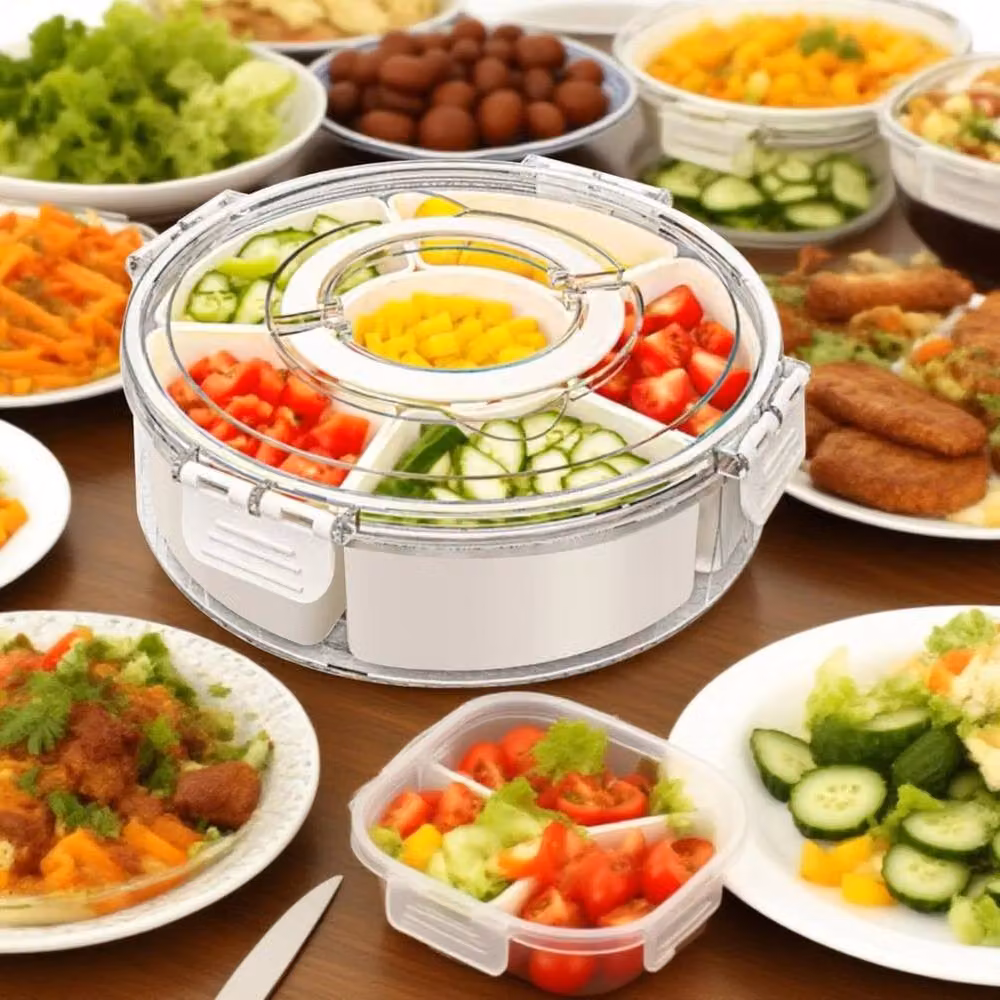FLAVORA Rotatable Multi-Compartment Round Snack Tray in White and Transparent Plastic – 6