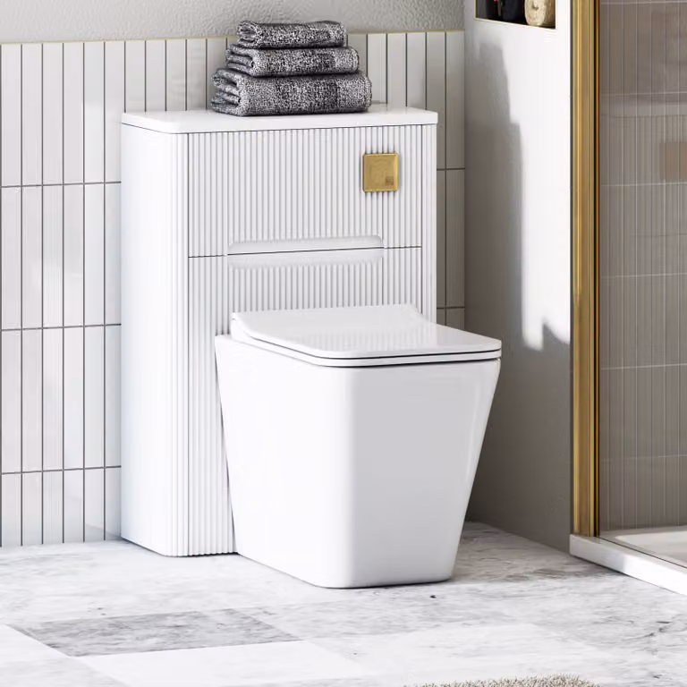 Avenza Matte White Wall Mounted BTW WC Unit with Elena Rimless Ceramic Toilet Pan, Slim Soft Close Seat and Cistern, Width: 55 cm
