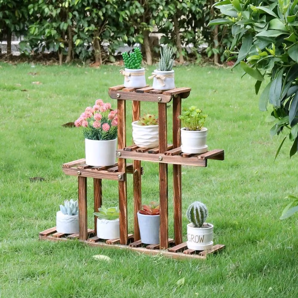 Kelvenix 4 Tier Rustic Brown Pine Wood Plant Stand Display Rack – 4
