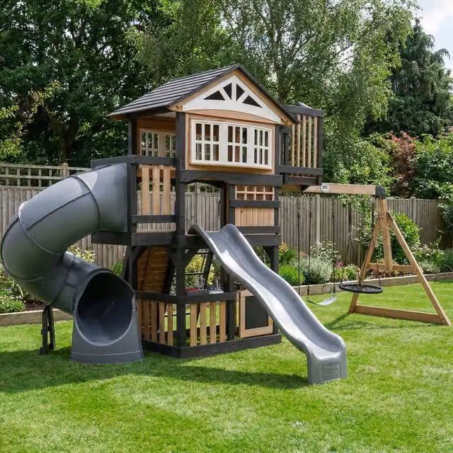 Backyard Discovery Magnolia Falls Cedar Wood Climbing Frame with Slide and Swing in Black