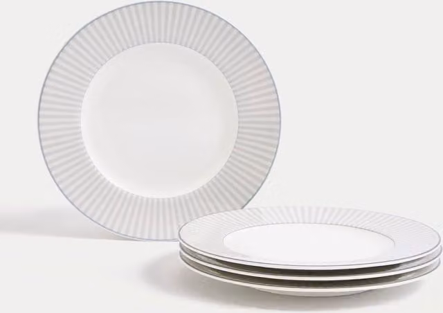 M&S Set of 4 Hampton Bone China Side Plates in Grey Mix Striped Pattern