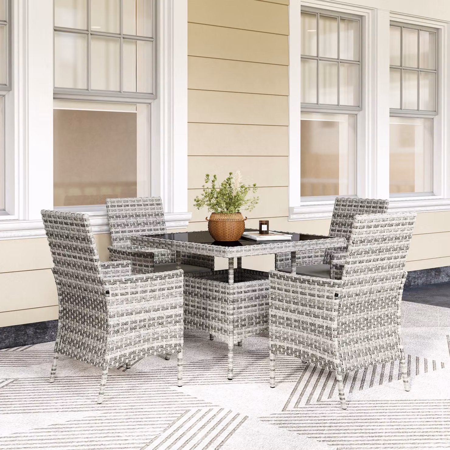 Outsunny Rattan Garden Furniture Set in Mixed-Grey with 4 Armchairs, Square Tempered Glass Top Dining Table and Weather-Resistant Cushions – 2