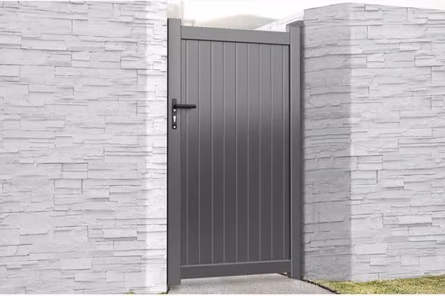Ready Made Grey Pedestrian Swing Gate with Vertical Solid Infill and Flat Top, W/H: 120 x 160 cm