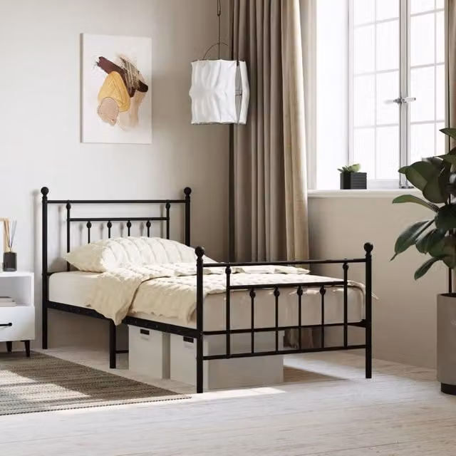 Berkfield Home Metal Bed Frame with Headboard and Footboard in Black, W/D/H: 100 x 190 cm – 1