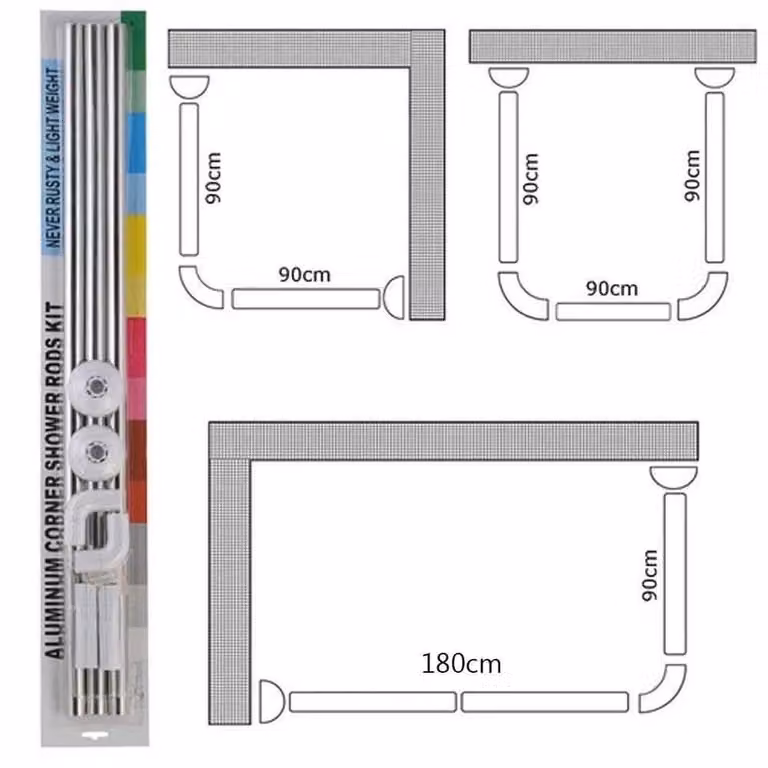 EONLION Silver Aluminium 3 Way U and L Shape Corner Shower Curtain Rod