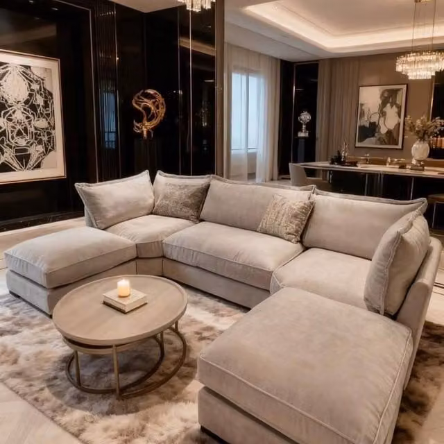 Home & Love Bishop U Shape Cinema Fixedback Corner Sofa in Maison Beige with Matching Ottoman and Scatter Cushions – 1