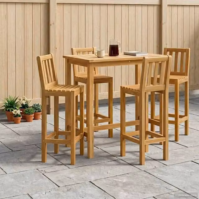 Berkfield Home 5 Piece Outdoor Bar Set in Brown Untreated Solid Teak Wood – 1