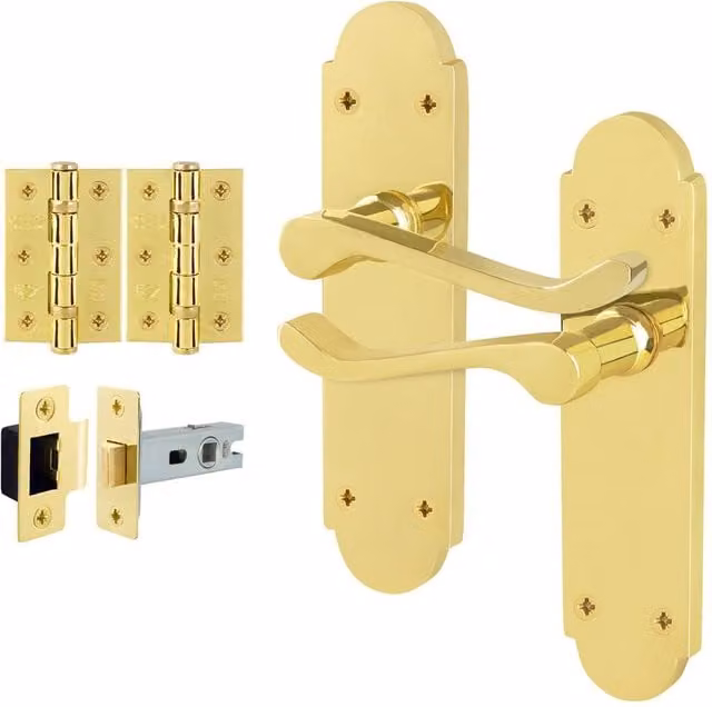 AFIT Polished Brass Door Handle Latch Set with Gold Hinges, 1 Pair – 1