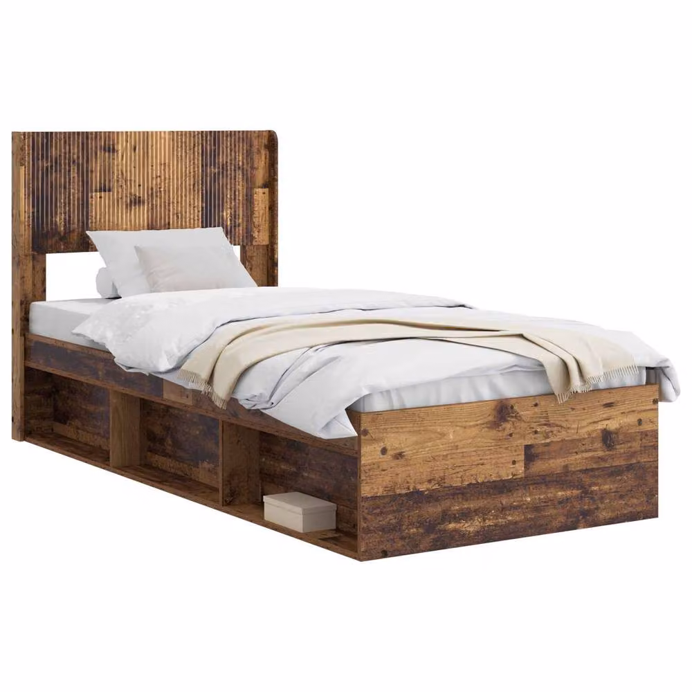 Berkfield Home Bed Frame with Headboard and Side Compartment Storage, Old Wood Brown, W: 75 cm x L: 190 cm – 2