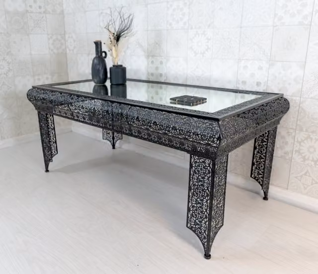 Downton Interiors Agadir Black Embossed Metal and Mirrored Glass Coffee Table