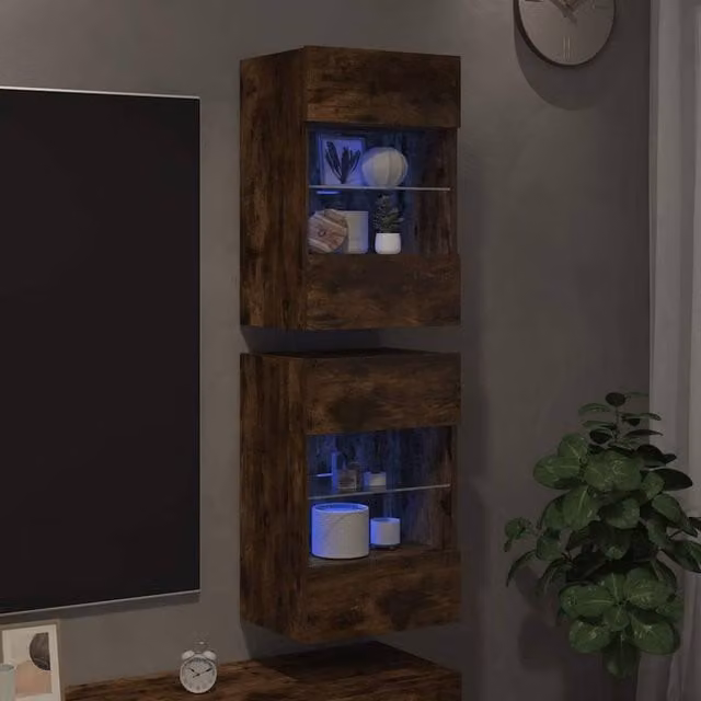 Berkfield Home Set of 2 Modern TV Wall Cabinets with LED Lights in Smoked Oak Brown, W/D/H: 40 x 30 x 60.5 cm – 1