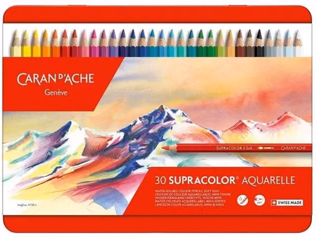 Caran d'Ache Supracolor II 30 Water Soluble Colour Pencils Professional Artist Set in Multicolour Metal Tin