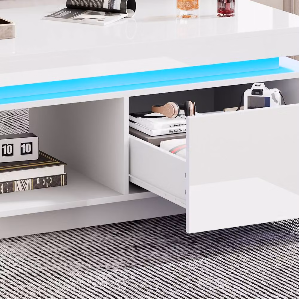 BTM White High Gloss LED Coffee Table with Drawer and Shelf, W/D/H: 100 x 50 x 40 cm – 3