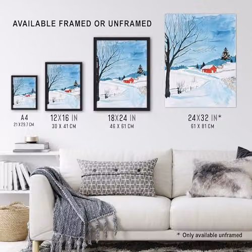 Artery8 Red Swedish Cottage in Winter Snow Countryside Framed Wall Art Print, A4 – 3