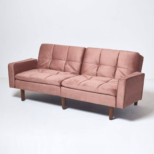 Murphy Blush Pink Velvet 3 Seater Click Clack Sofa Bed with Spring Core and Wood Frame