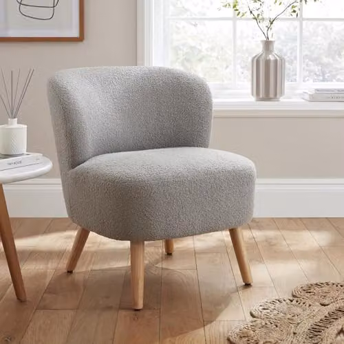 GFW Evie Grey Bouclé Fabric Accent Chair with Armrests and Wooden Legs