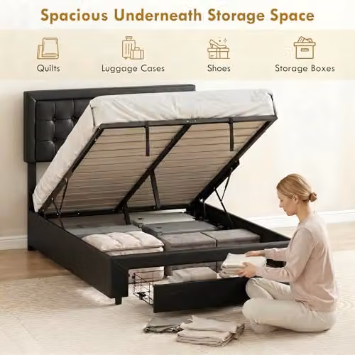 HOMCOM Upholstered Lift Up Ottoman Bed in Black, W/D/H: 150 x 200 x 95 cm – 4