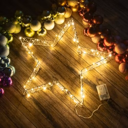 The Christmas Workshop Metal Christmas Star Light in White with LED Lights and Reflective Acrylic Beads, W/H: 50 x 50 cm