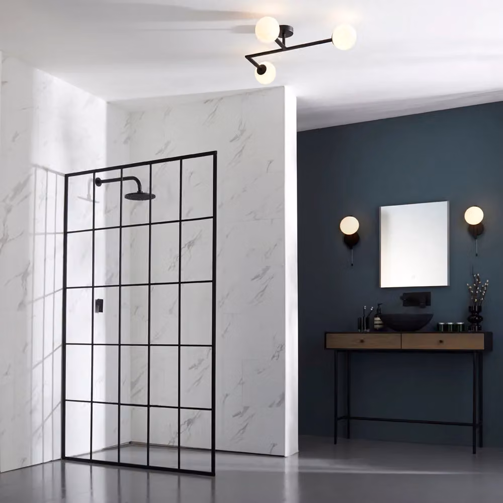 Loops Matt Black Semi Flush Bathroom Ceiling Light with Opal Glass Spheres, 3 Bulb Fitting – 3