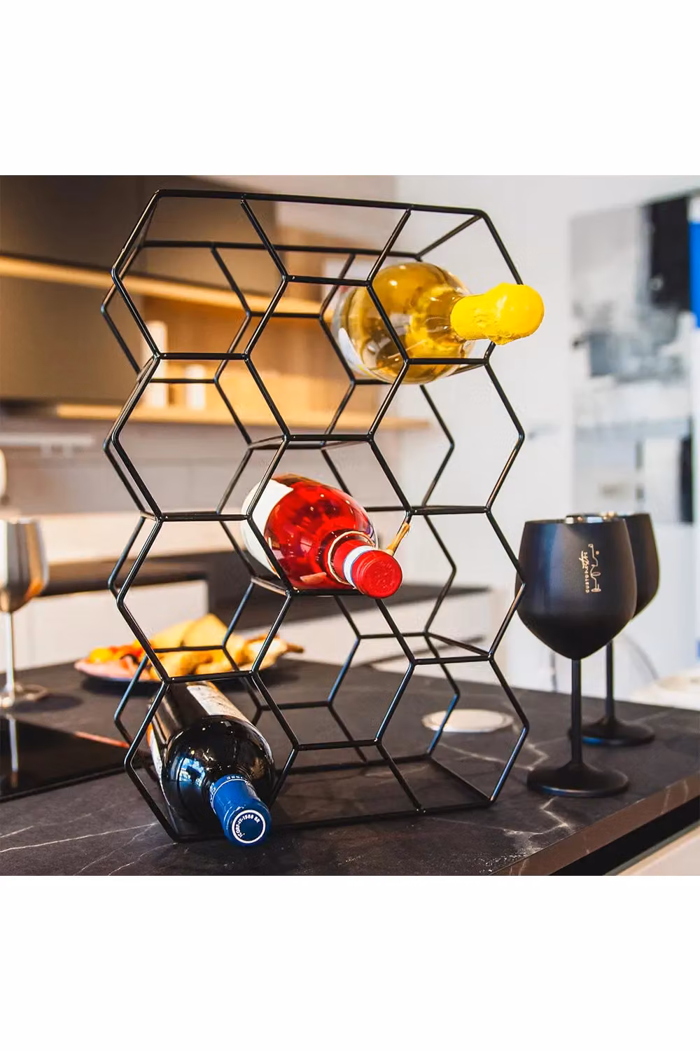 Living and Home 3-Tier Hexagon Wine Rack, 11-Bottle Capacity, Black, W: 40 cm, D: 14 cm, H: 30 cm – 2