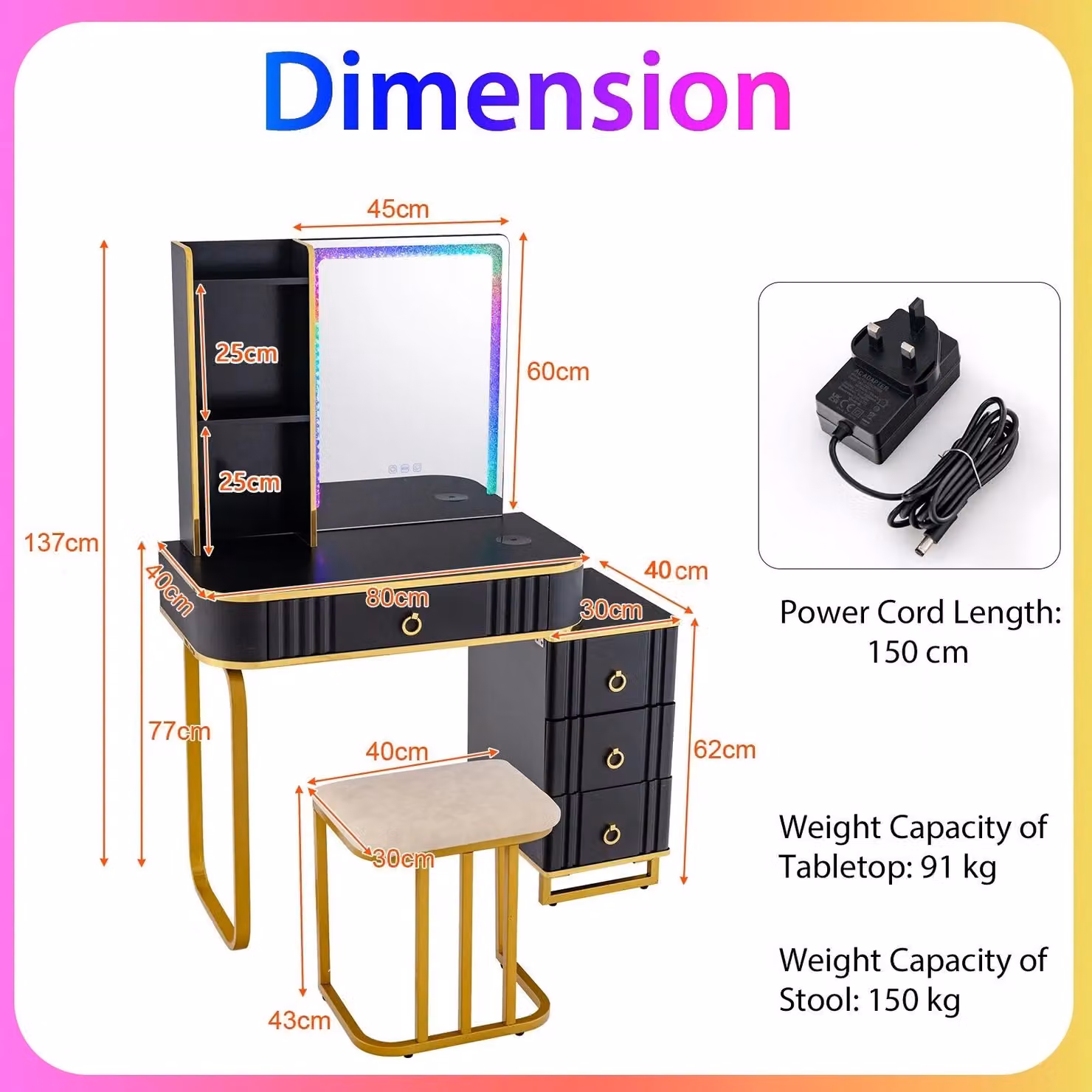 Gymax Dressing Table and Stool Set with 7-Mode Hollywood LED Mirror and Charging Station in Black – 2