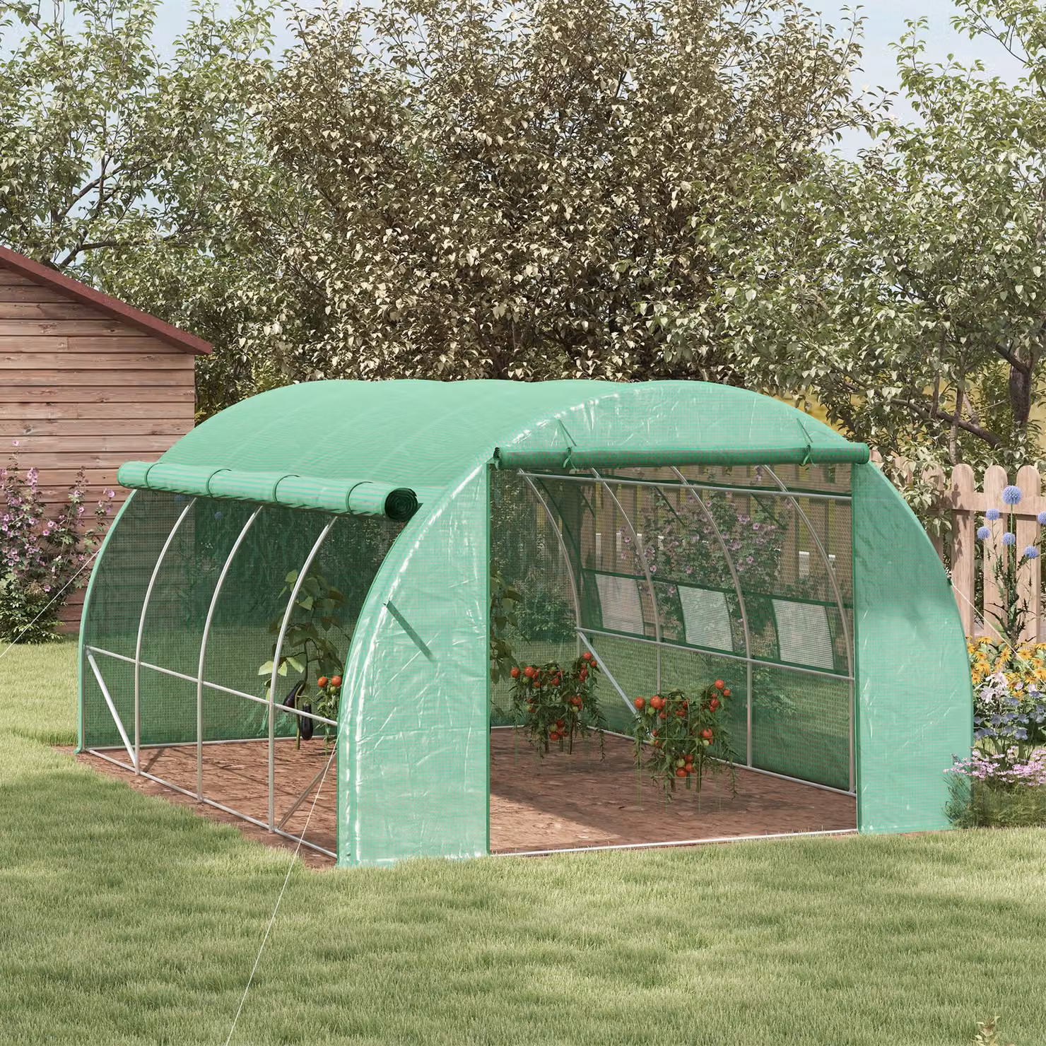 Outsunny Green Polytunnel Greenhouse Walk-in Grow House Tent with Roll-up Sidewalls and Zipped Door, W: 400 cm, D: 300 cm, H: 200 cm – 2