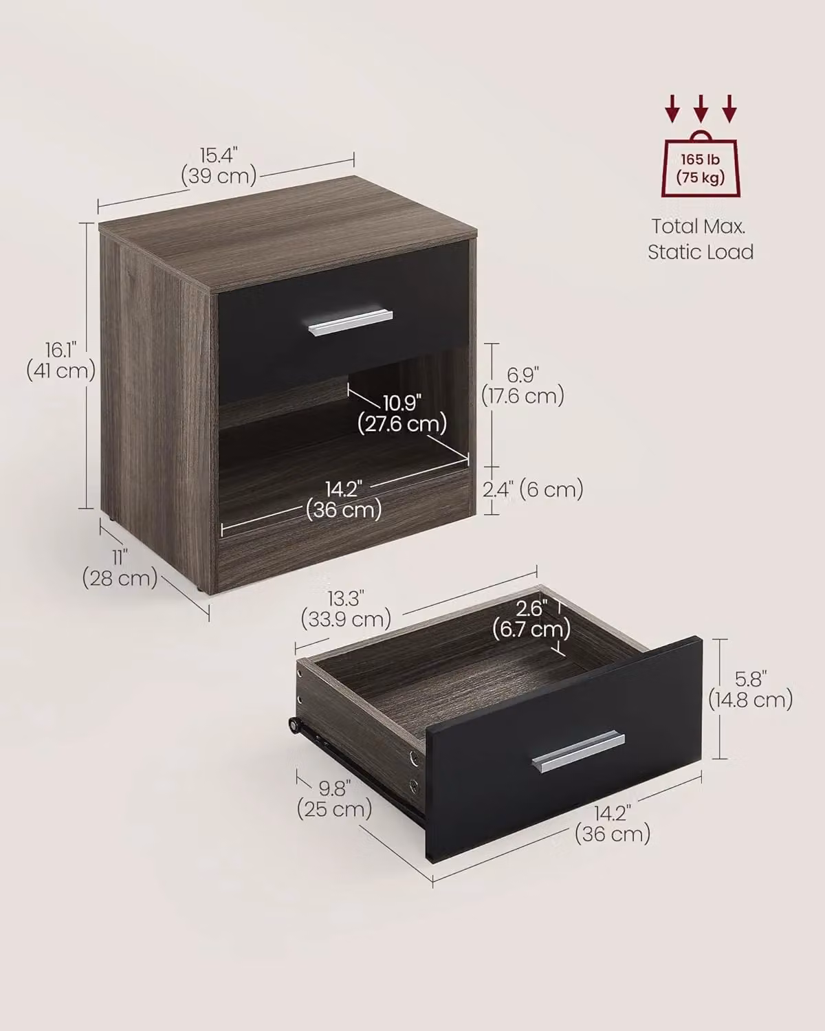VASAGLE Bedside Table with Drawer and Open Compartment in Dark Brown – 2