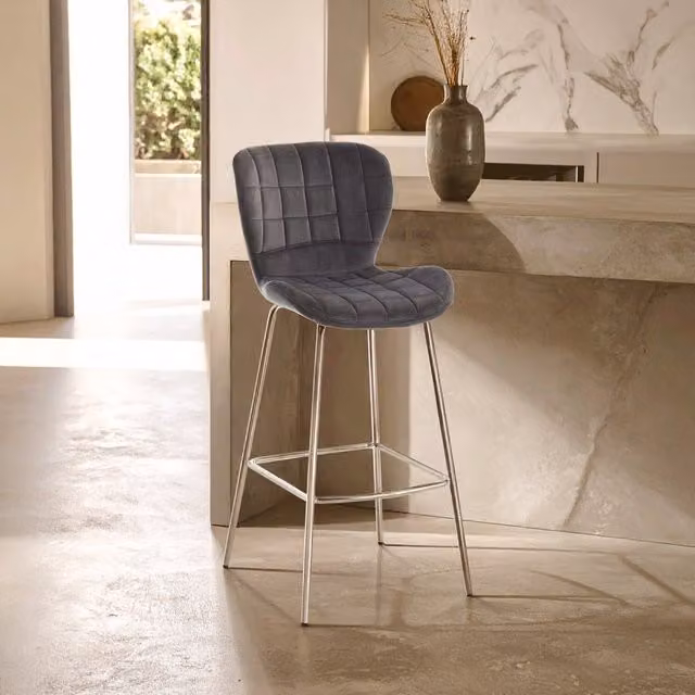 Orsina Grey Velvet Bar Chair with Silver Metal Legs – 3