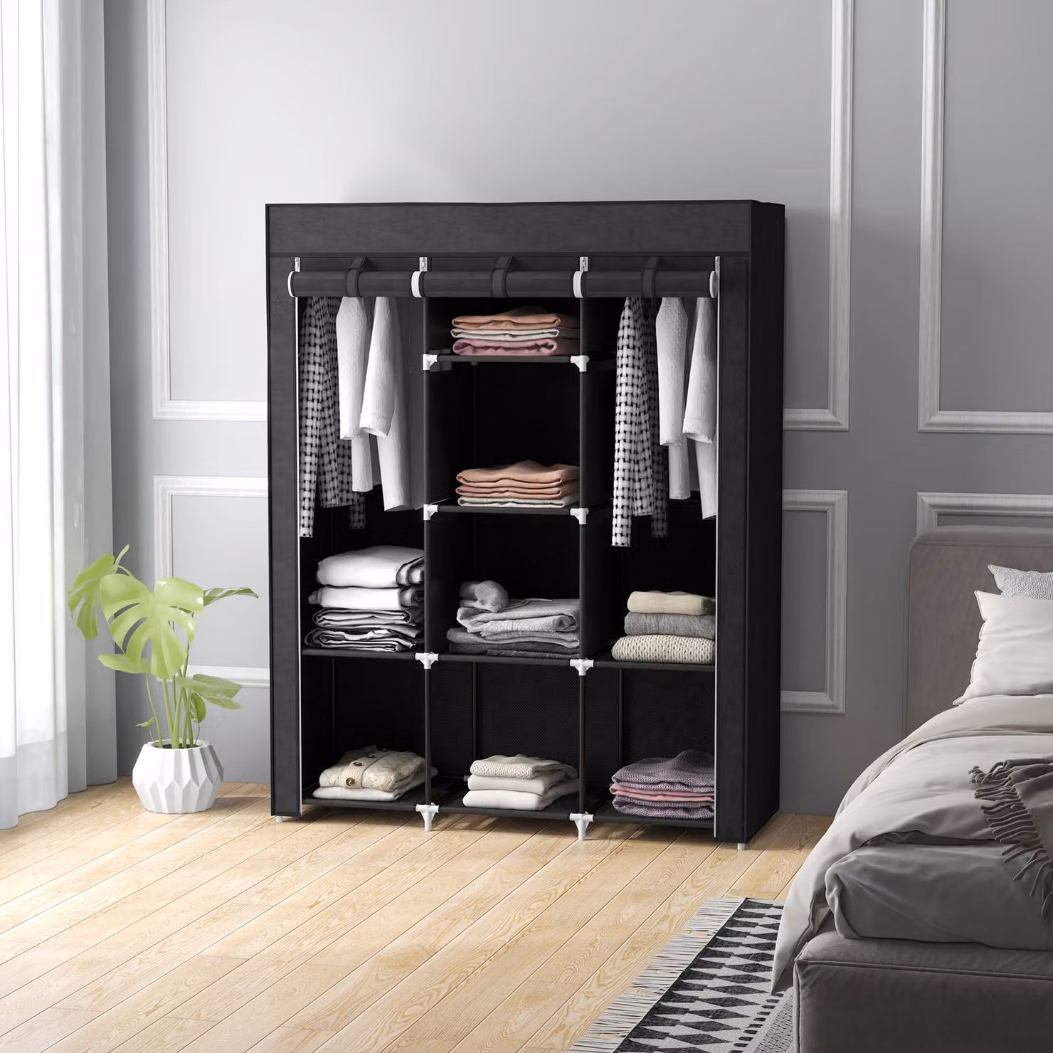 HOMCOM Black Fabric Portable Wardrobe with Roll Shutter, Hanging Rod and Internal Shelves, W/D/H: 125 x 43 x 162.5 cm – 7