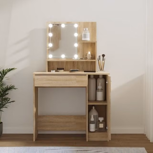 Berkfield Home Sonoma Oak Dressing Table with LED in Brown, W: 86.5 cm, D: 35 cm, H: 136 cm