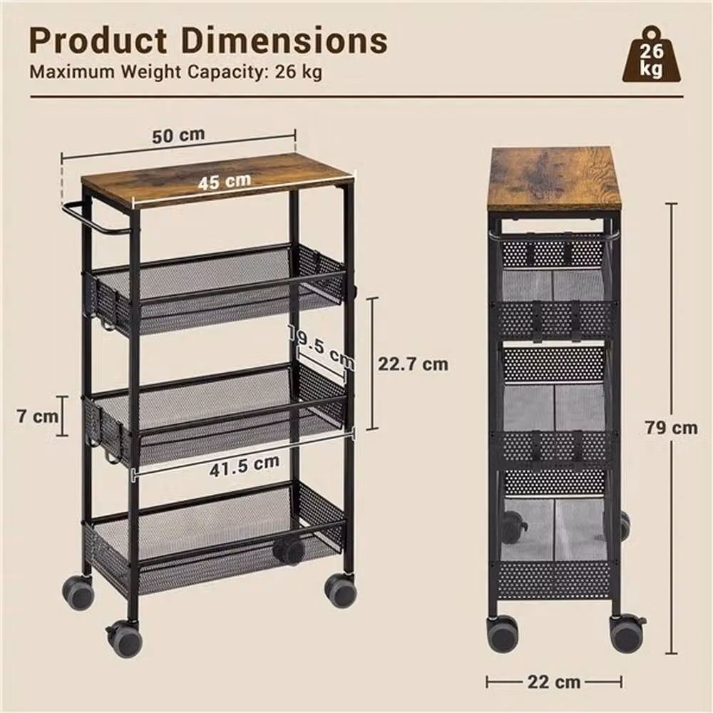 Kelvenix 4-Tier Brown and Black Rustic Storage Trolley on Wheels – 2