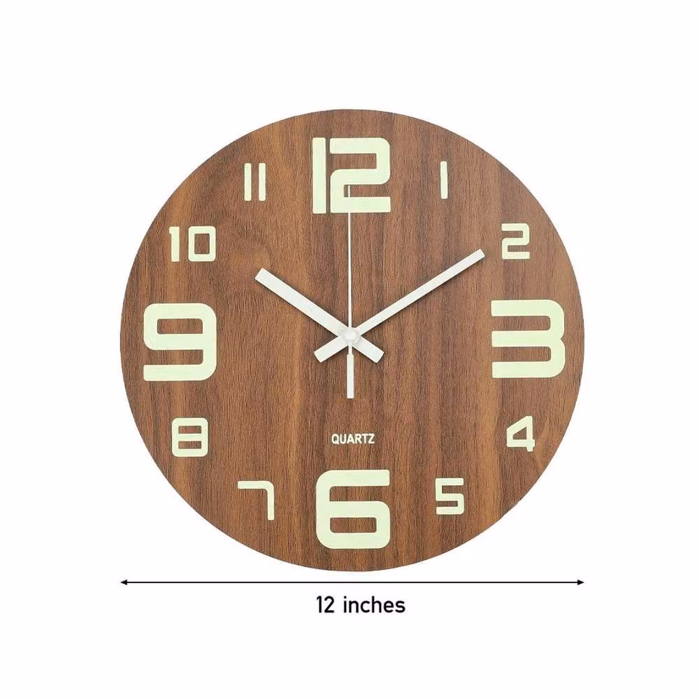 KORVIXA Modern Round Analog Wall Clock in Brown Wood, Diameter: 30.48 cm – 2