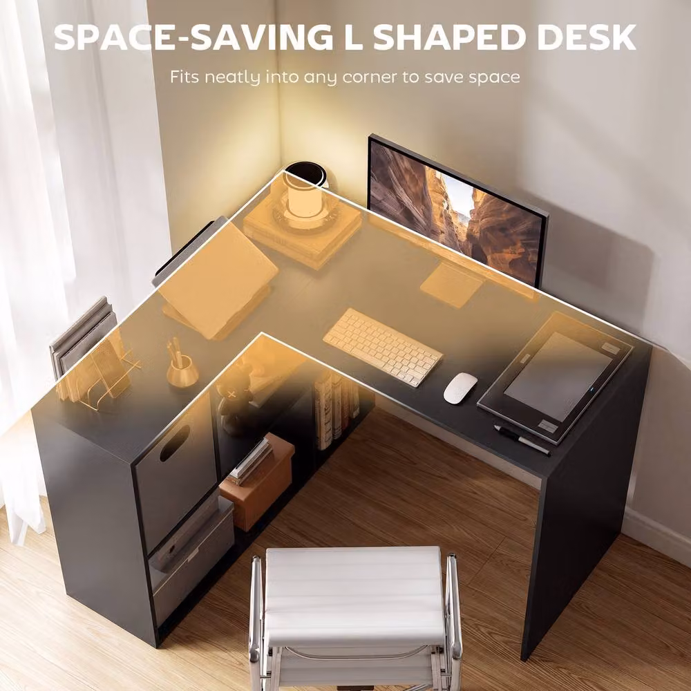 HOMCOM Modern L-Shaped Corner Desk with Fabric Drawer in Black – 4