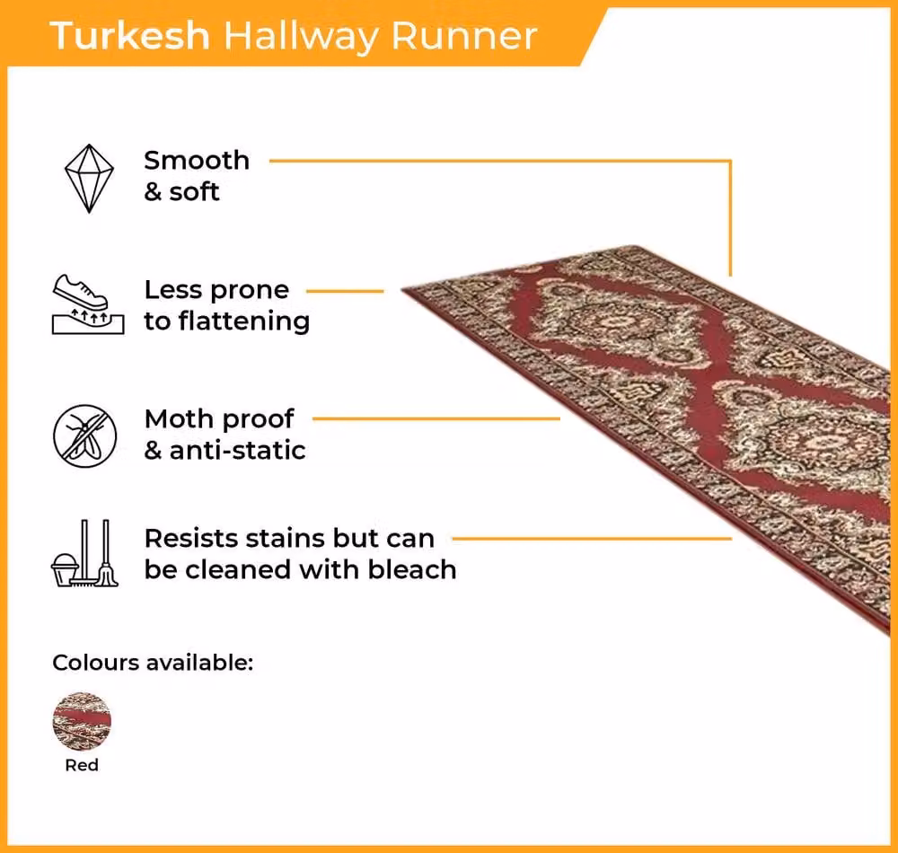runrug Red Oriental Hallway Runner Rug, Machine Woven Polypropylene, W/D/H: 70 x 210 x 0.9 cm – 4
