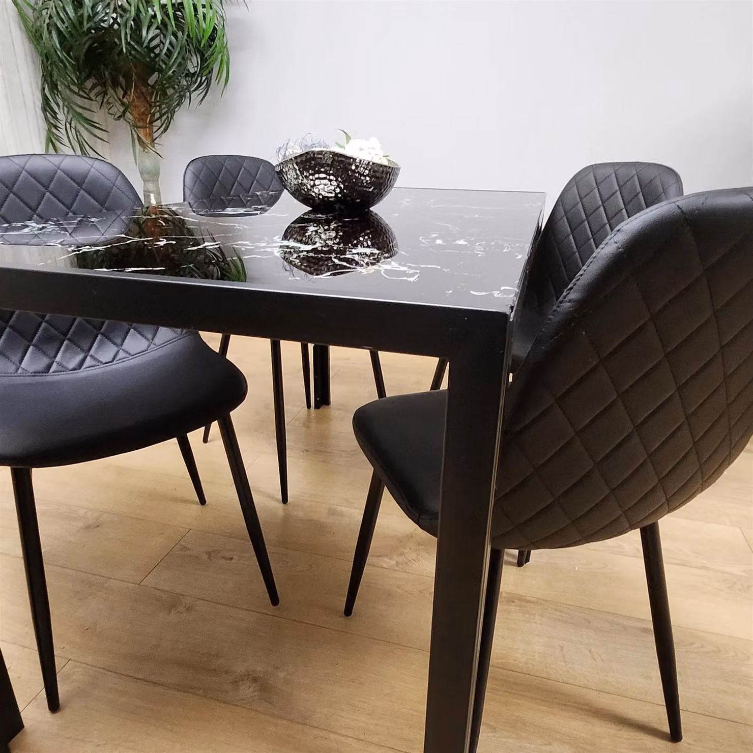 KOSY KOALA Modern Rectangular Marble Glass Dining Table and 4 Diamond Patterned Faux Leather Chairs Set in Brown and Black, W/D/H: 140 x 70 x 75 cm – 3