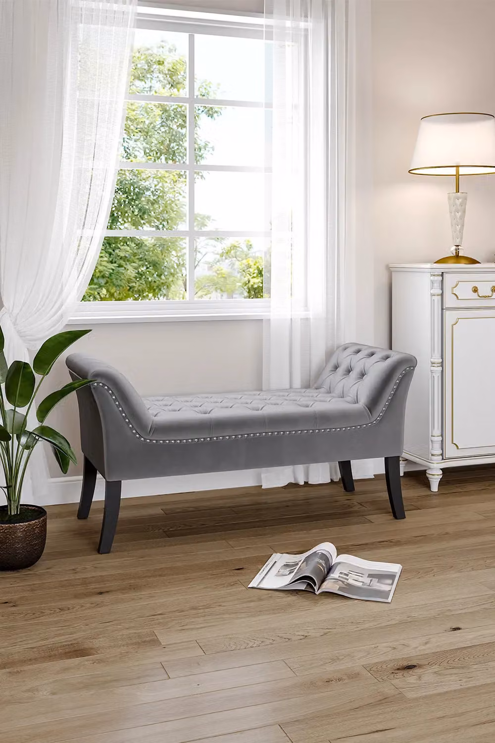 Living and Home Contemporary Grey Velvet Buttoned Bench with Black Wood Legs – 2