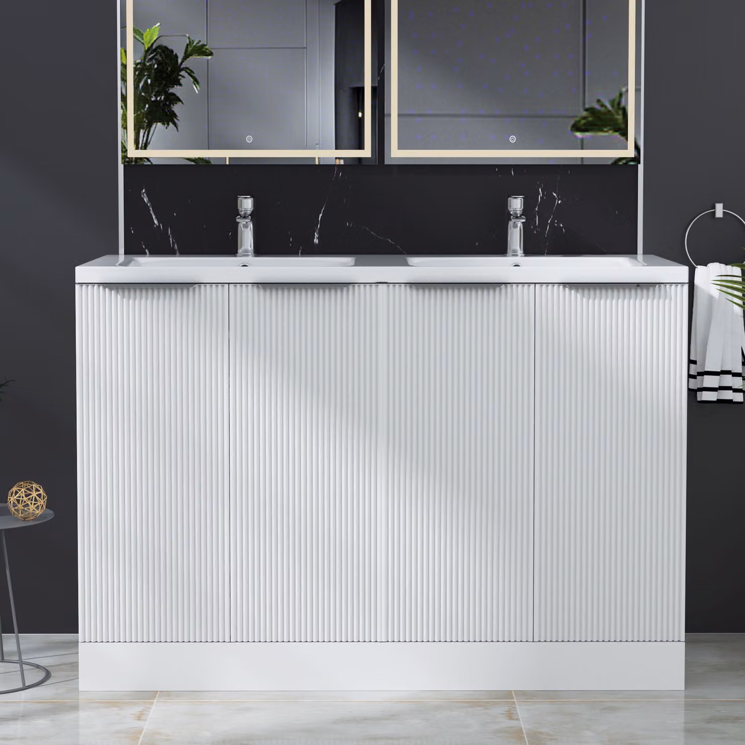 Royal Bathrooms Evora Matt White Fluted Floor Standing 4 Door Vanity Unit with Ceramic Basin W: 120 cm
