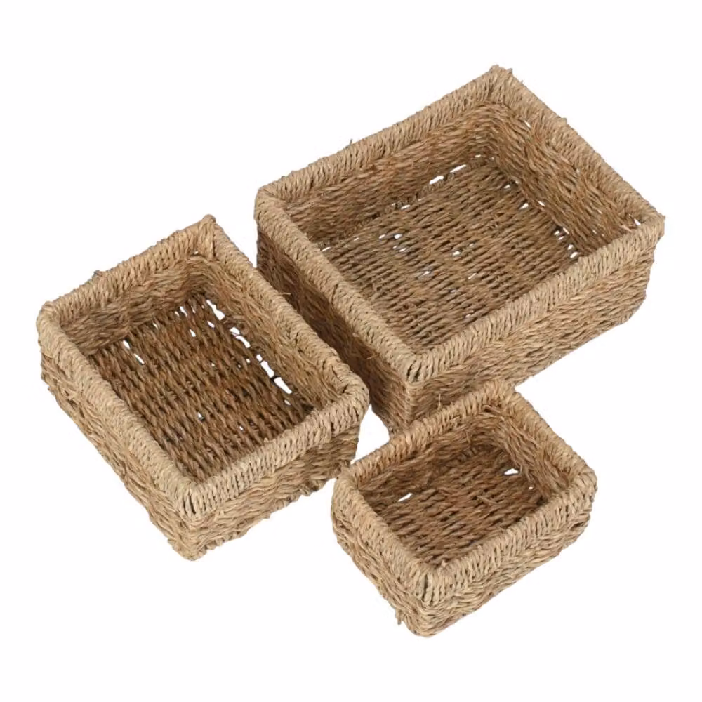 Red Hamper Set of 3 Rectangular Open Weave Seagrass Basket Trays in Brown and Red – 2