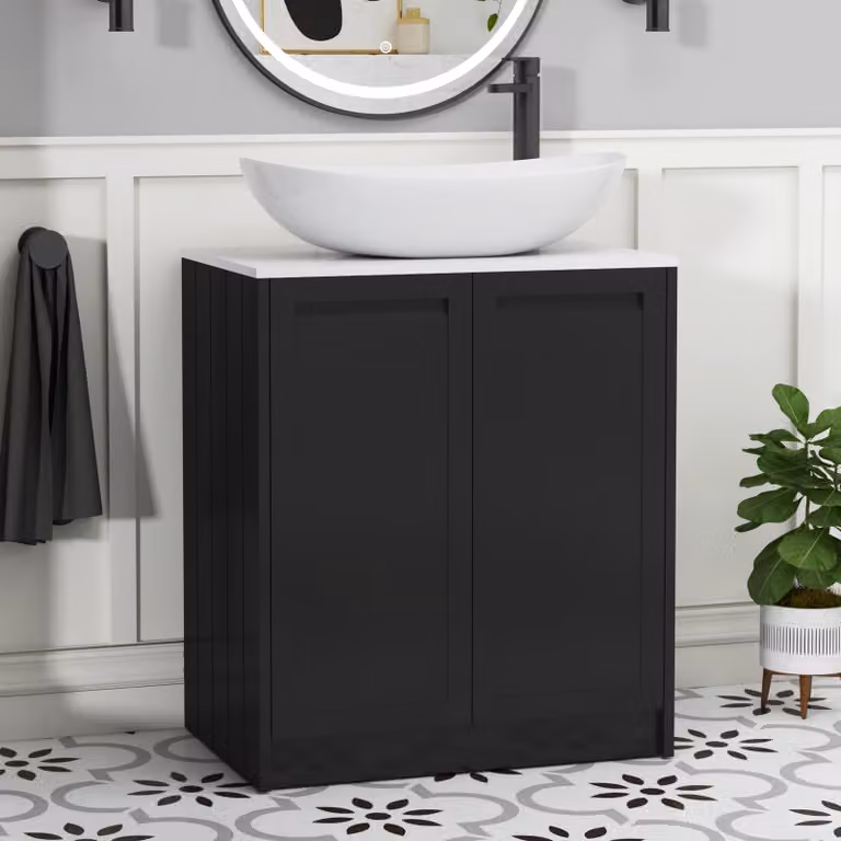 Royal Bathrooms Elmore 700mm Floor Standing 2 Door Vanity Unit in Matt Nocturne Black with Plain White Worktop and Cesar Basin