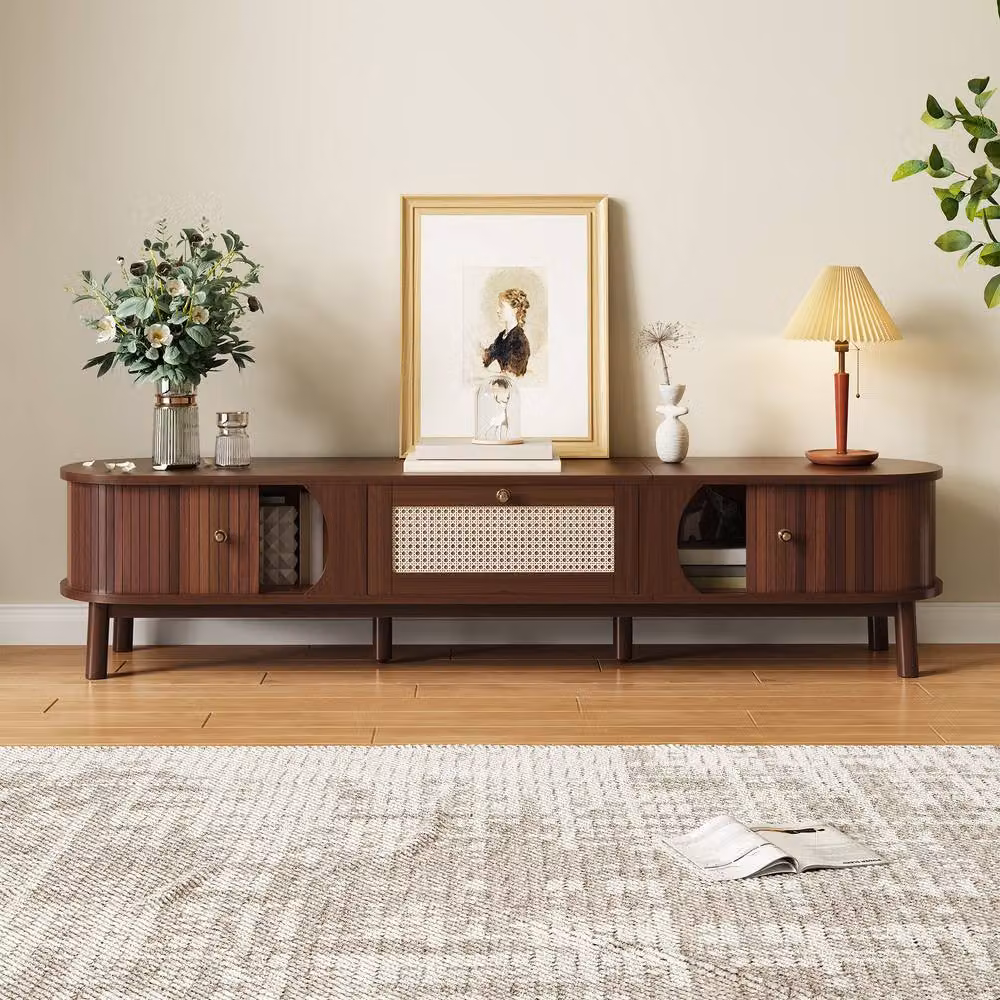 Merax Walnut TV Cabinet with Slatted Wood Doors and Rattan Drawers, W: 170 cm, D: 39.5 cm, H: 38 cm – 3